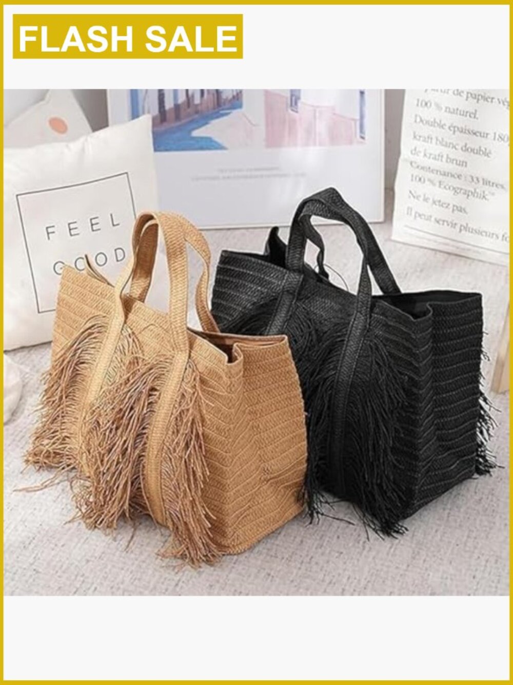 Woven Straw Tote Bag with Fringe Tassel Large Beach Shoulder Bag - Picture 7 of 7